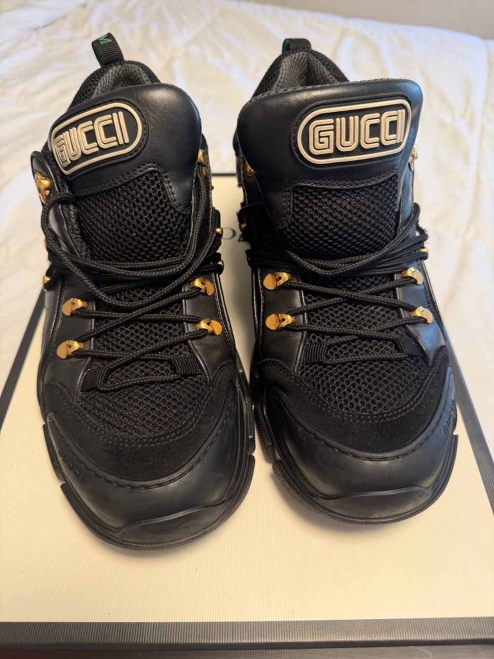 Gucci Black Mesh & Leather Sneakers with Gold Accents